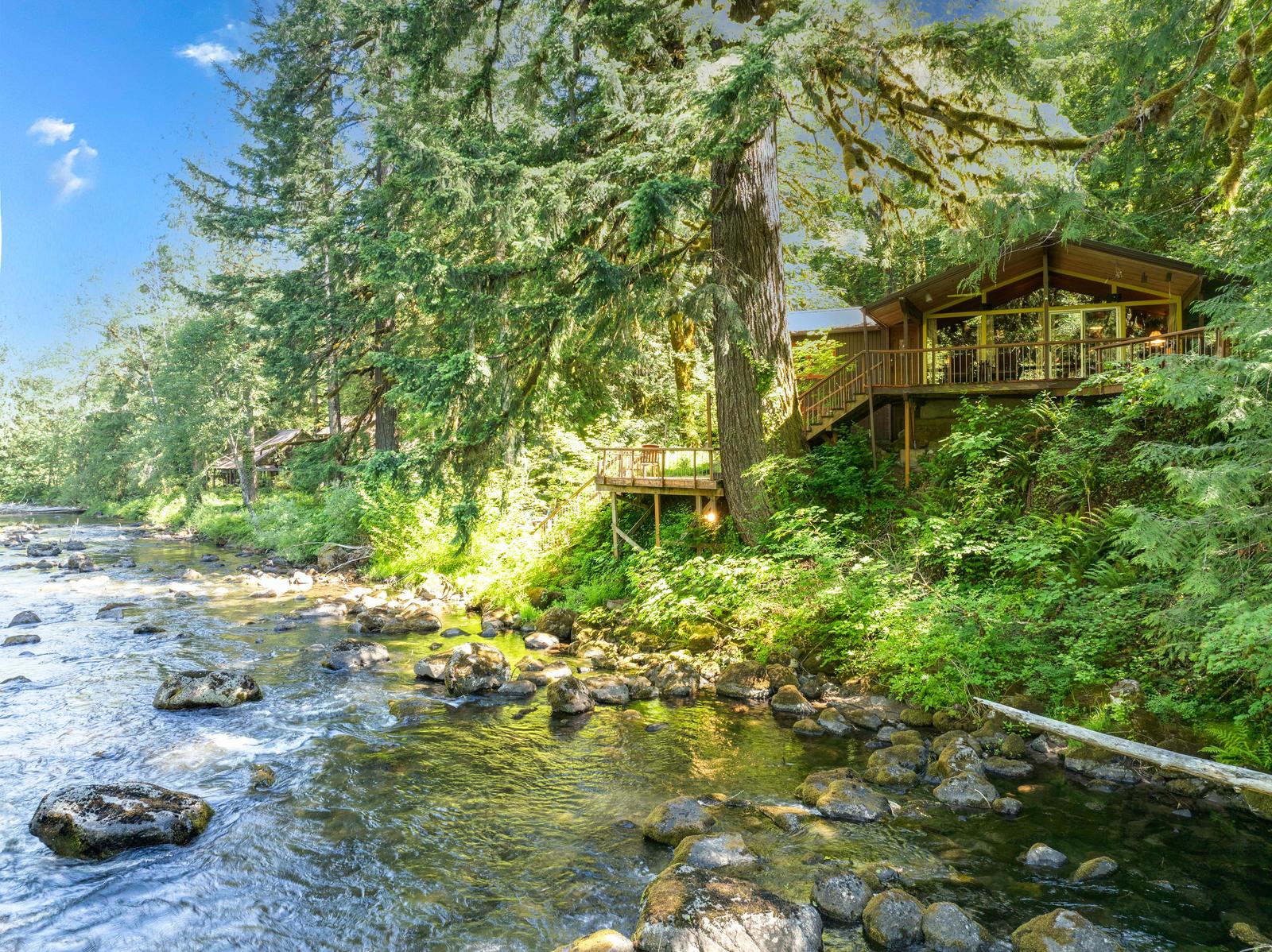 Relax on your Salmon Riverfront Deck on Mt. Hood